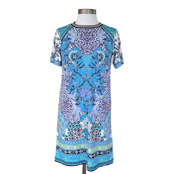 HALE BOB Ringer Mini Dress Size XS Blue Bird Floral Print Boho Short Sleeve - Picture 1 of 8